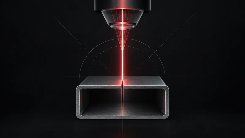 Lazerin kare metal profil üzerindeki kesim noktasını gösteren teknik illüstrasyon