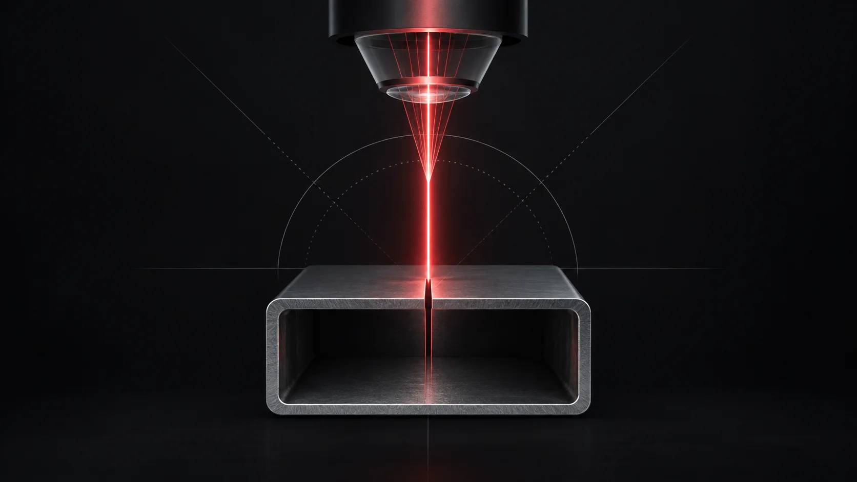 Lazerin kare metal profil üzerindeki kesim noktasını gösteren teknik illüstrasyon